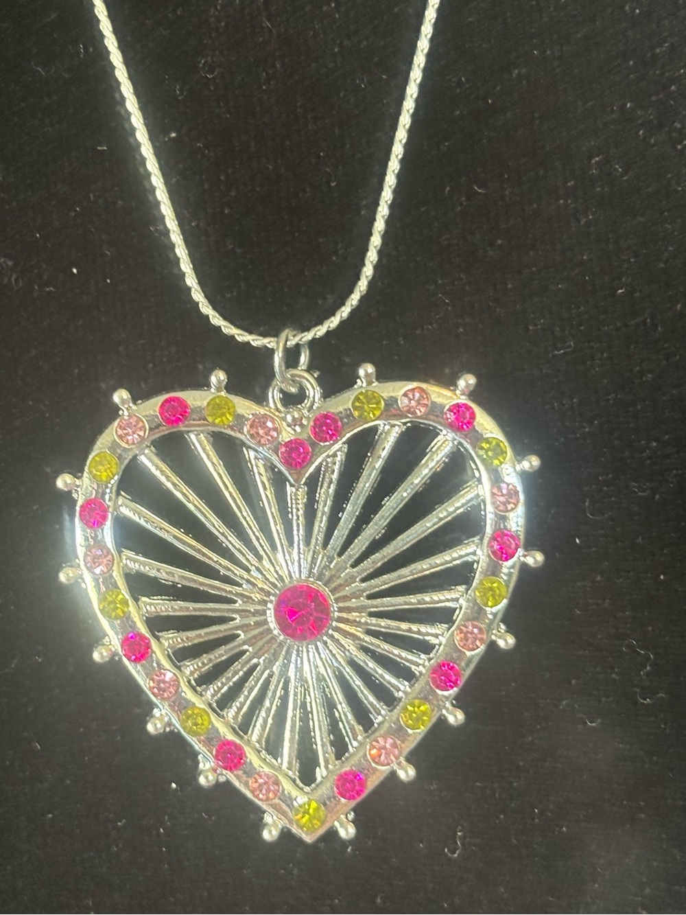 Silver Heart Pendant Necklace with Pink and Lime Crystals